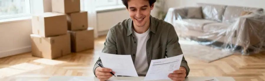 Personne comparant plusieurs offres de déménagement sur documents papier dans son salon à Corbeil-Essonnes
