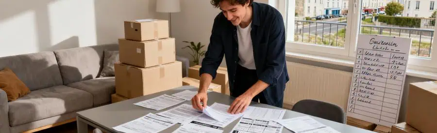 Personne comparant plusieurs offres de déménagement sur documents papier dans salon moderne au Havre