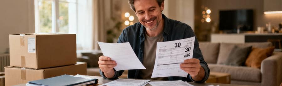 Comparaison Offres Demenagement Les Mureaux Personne comparant plusieurs offres de déménagement sur documents papier dans salon aux Mureaux