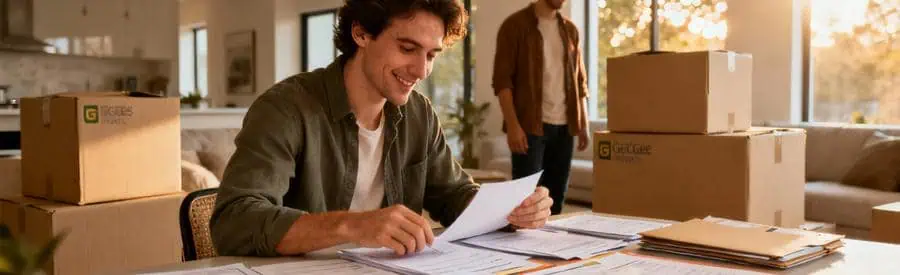 Personne comparant plusieurs offres de déménagement sur documents papier dans salon moderne à Limoges