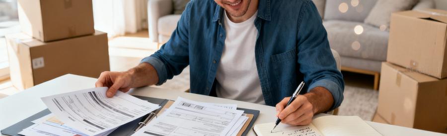 Personne comparant plusieurs offres de déménagement sur documents papier dans salon avec cartons en arrière-plan