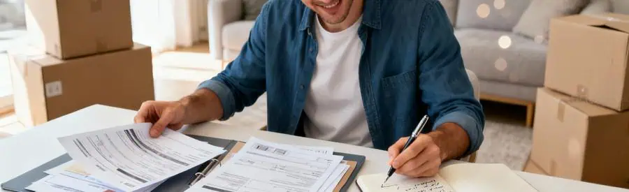 Personne comparant plusieurs offres de déménagement sur documents papier dans salon avec cartons en arrière-plan