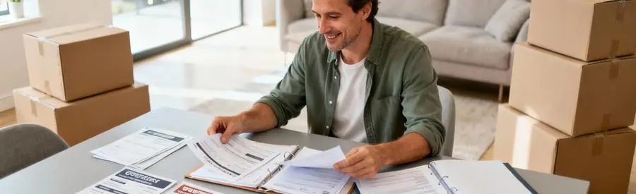 Personne comparant plusieurs offres de déménagement sur documents papier dans salon moderne à Mulhouse