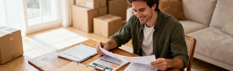 Personne comparant plusieurs offres de déménagement sur documents papier dans salon nîmois avec cartons