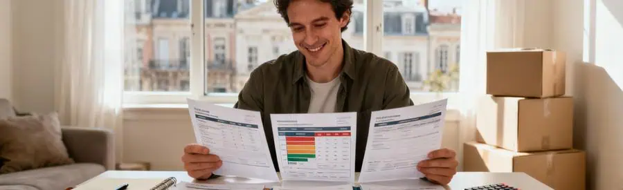 Comparaison Offres Demenagement Orleans Documents Personne comparant plusieurs offres de déménagement sur documents papier dans salon à Orléans