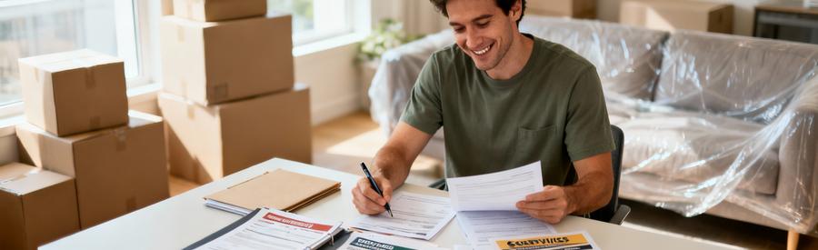 Comparaison Offres Demenagement Plaisir 78 Personne comparant plusieurs offres de déménagement sur documents papier dans salon avec cartons en arrière-plan