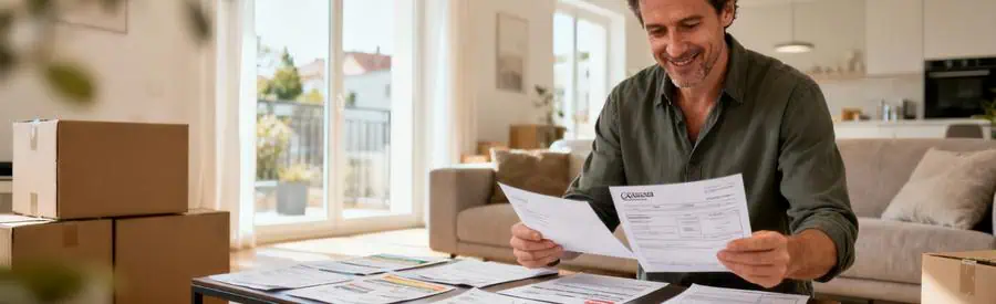 Personne comparant plusieurs offres de déménagement sur documents papier dans salon moderne à Poissy