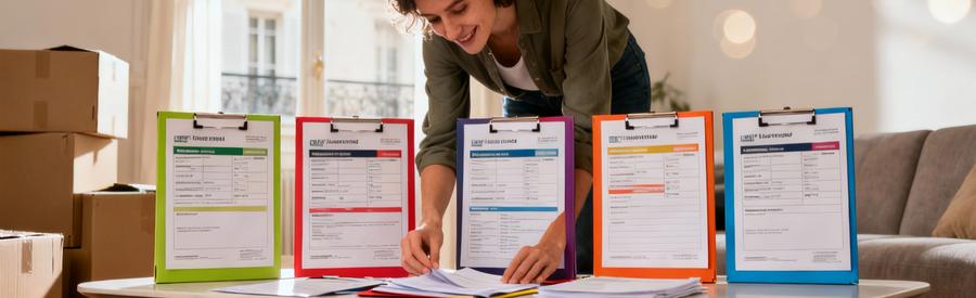 Comparaison Offres Demenagement Professionnels Yerres Personne comparant cinq offres de déménagement sur table avec cartons en arrière-plan à Yerres