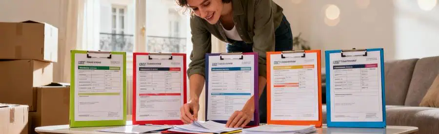 Personne comparant cinq offres de déménagement sur table avec cartons en arrière-plan à Yerres