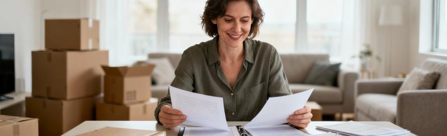 Comparaison Offres Demenagement Reims Domicile Personne comparant plusieurs offres de déménagement sur documents papier dans son salon à Reims