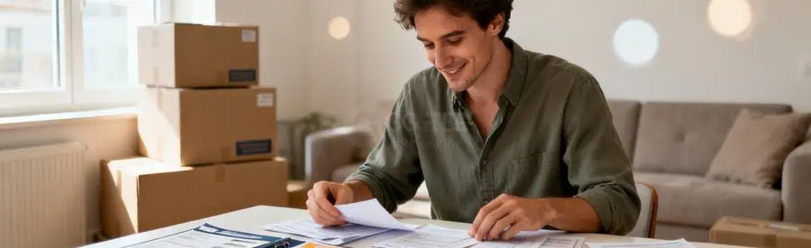 Personne comparant plusieurs offres de déménagement sur documents papier dans son salon à Rennes