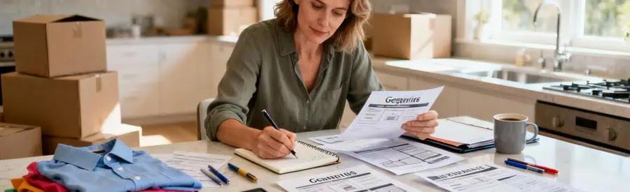 Personne comparant plusieurs offres de déménagement sur documents papier à Roissy-en-Brie