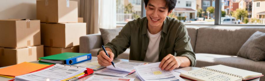 Personne comparant plusieurs offres de déménagement sur table avec documents et cartons en arrière-plan