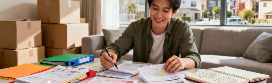 Personne comparant plusieurs offres de déménagement sur table avec documents et cartons en arrière-plan