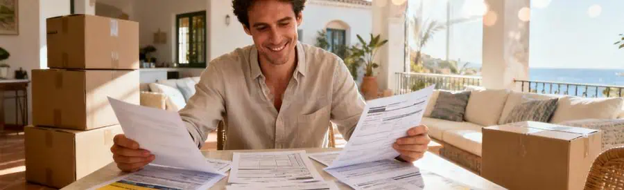 Personne comparant plusieurs offres de déménagement sur documents papier dans salon à La Seyne-sur-Mer