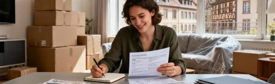 Personne comparant plusieurs offres de déménagement sur documents papier dans son salon à Strasbourg