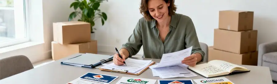 Comparaison Offres Demenagement Suresnes Domicile Personne comparant plusieurs offres de déménagement papier sur table avec cartons en arrière-plan à Suresnes