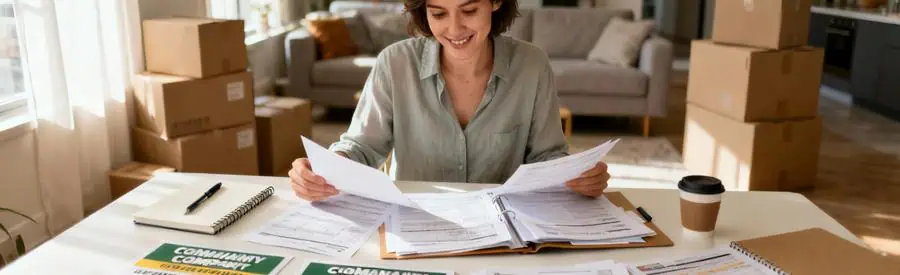 Personne comparant plusieurs offres de déménagement sur documents papier dans son salon à Tours