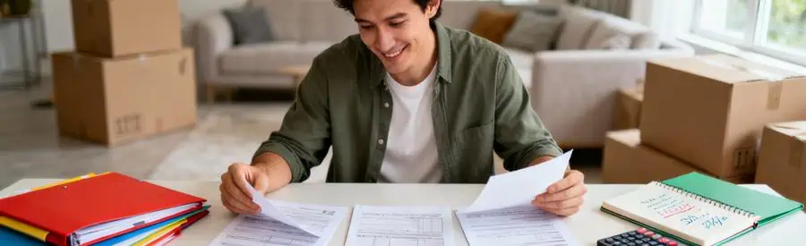 Personne comparant plusieurs offres de déménagement sur documents papier dans salon avec cartons en arrière-plan