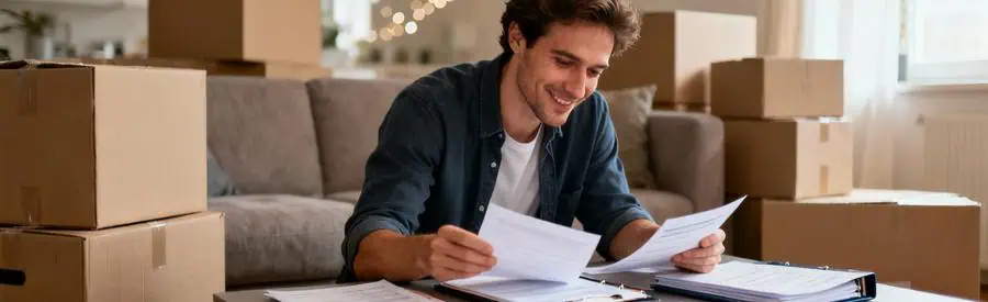 Personne comparant plusieurs offres de déménagement sur table à Viry-Châtillon, cartons en arrière-plan