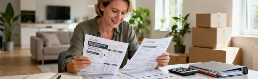 Personne comparant plusieurs offres de déménagement sur documents papier dans salon à Yerres