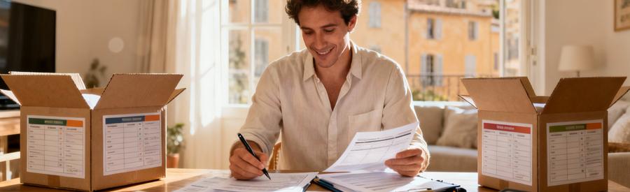 Personne comparant plusieurs offres de déménageurs professionnels à Aix-en-Provence sur documents papier