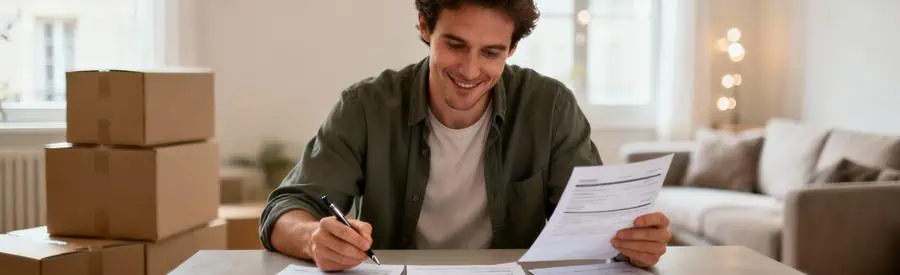 Personne comparant plusieurs offres de déménageurs sur documents papier dans appartement à Amiens