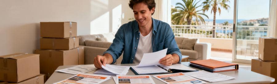 Personne comparant plusieurs offres de déménageurs professionnels dans un appartement à Cannes