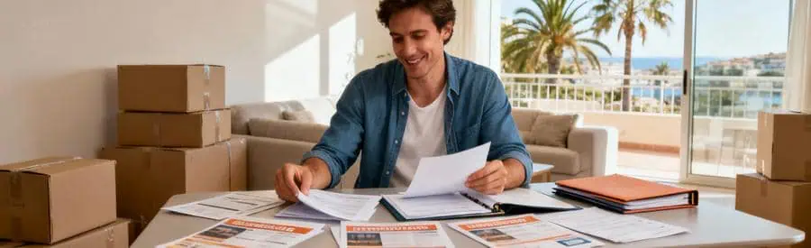 Personne comparant plusieurs offres de déménageurs professionnels dans un appartement à Cannes