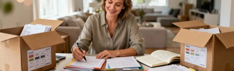 Personne comparant plusieurs offres de déménageurs sur documents papier dans salon moderne à Cergy