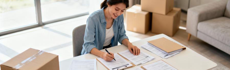 Comparaison Offres Demenageurs Combs La Ville Personne comparant plusieurs offres de déménageurs sur documents papier dans salon lumineux à Combs-la-Ville