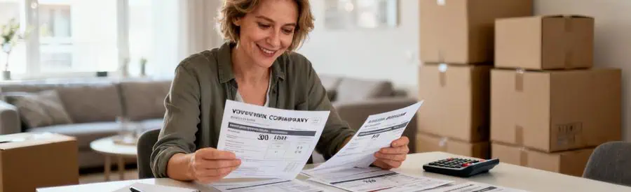 Personne comparant plusieurs offres de déménageurs sur documents papier à Créteil