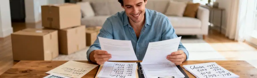 Personne comparant plusieurs offres de déménageurs sur documents papier à Lagny-sur-Marne