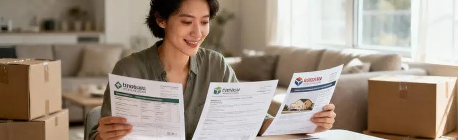 Personne comparant plusieurs offres de déménageurs sur documents papier dans salon à Mantes-la-Jolie
