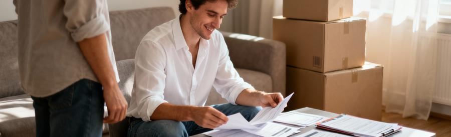 Comparaison Offres Demenageurs Mee Sur Seine Personne comparant plusieurs offres de déménageurs sur documents papier dans salon avec cartons en arrière-plan