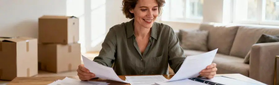 Personne comparant plusieurs offres de déménageurs à Metz sur documents papier dans salon avec cartons