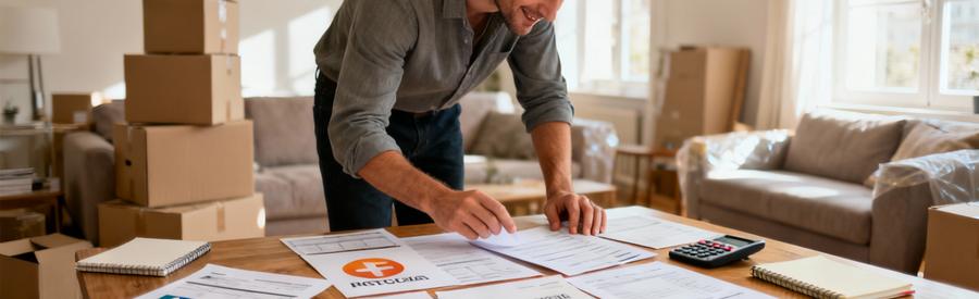 Comparaison Offres Demenageurs Nantes Documents Personne comparant plusieurs offres de déménageurs sur documents papier dans un intérieur nantais lumineux