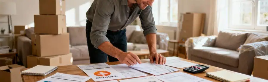 Personne comparant plusieurs offres de déménageurs sur documents papier dans un intérieur nantais lumineux