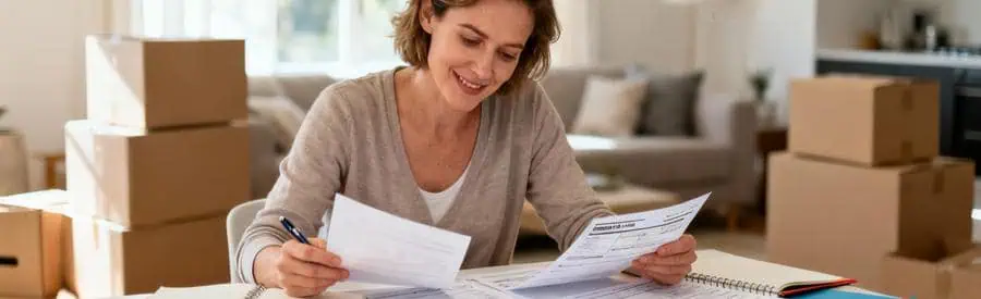 Personne comparant plusieurs offres de déménageurs sur documents papier dans salon résidentiel à Palaiseau