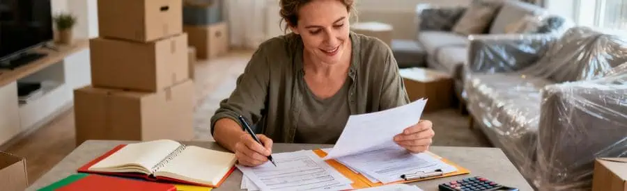 Personne comparant plusieurs offres de déménageurs sur documents papier à Poitiers