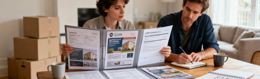 Personne comparant plusieurs offres de déménageurs sur documents papier à Saint-Germain-en-Laye