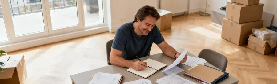 Personne comparant plusieurs offres de déménageurs sur documents papier dans appartement à Saint-Maur-des-Fossés