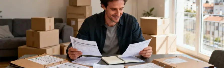 Personne comparant plusieurs offres de déménageurs sur documents papier dans salon à Sarcelles