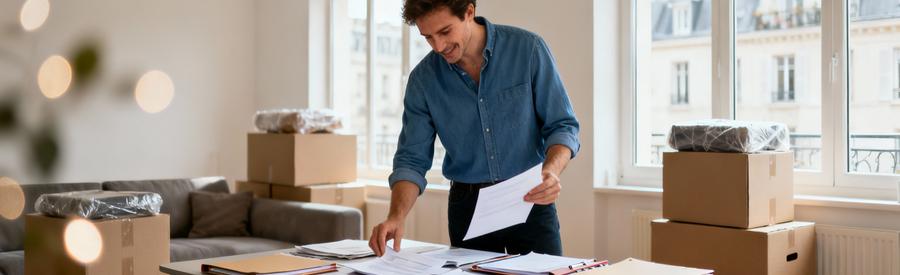 Personne comparant plusieurs offres de déménageurs sur documents papier dans appartement à Sartrouville