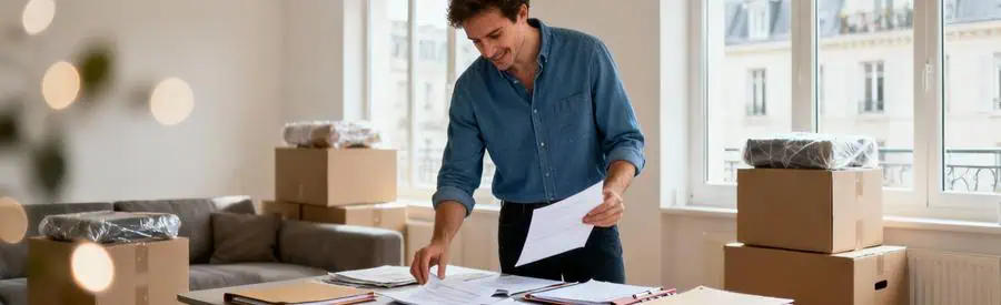 Personne comparant plusieurs offres de déménageurs sur documents papier dans appartement à Sartrouville