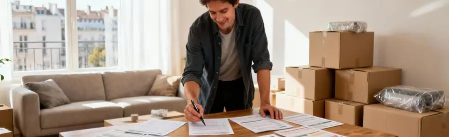 Personne comparant plusieurs offres de déménageurs sur documents papier dans salon à Savigny-sur-Orge