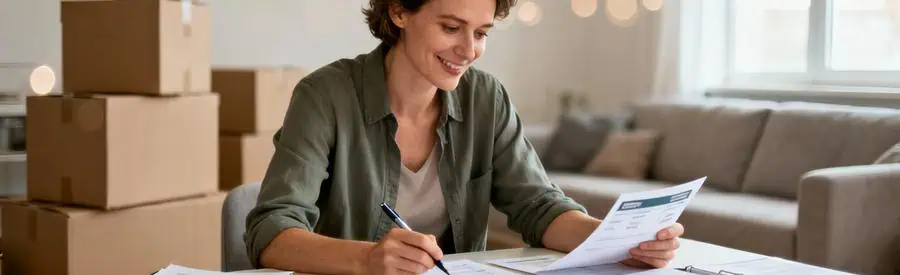 Personne comparant plusieurs offres de déménageurs sur documents papier dans salon moderne à Vitry-sur-Seine