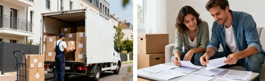 Couple comparant offres déménagement sur documents papier avec cartons en arrière-plan au Chesnay-Rocquencourt