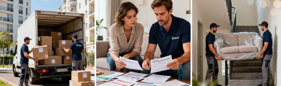 Triptyque illustrant chargement camion, comparaison offres et transport mobilier pour déménagement local à Cergy