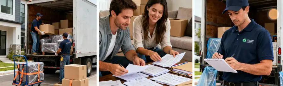 Triptyque illustrant les étapes d'évaluation des tarifs de déménagement local au Mée-sur-Seine